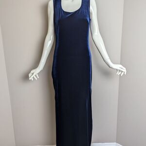 Vintage 90s Stretch Velvet Dress Blue Ankle Length Side Slit Minimalist Medium